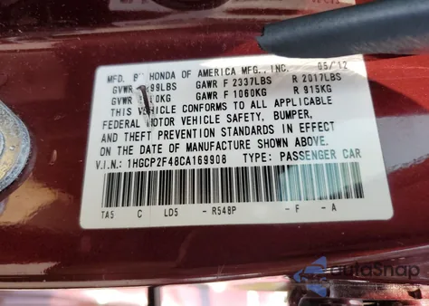 2012 Honda Accord Lxp z USA, uszkodzony, nr VIN 1HGCP2F48CA169908